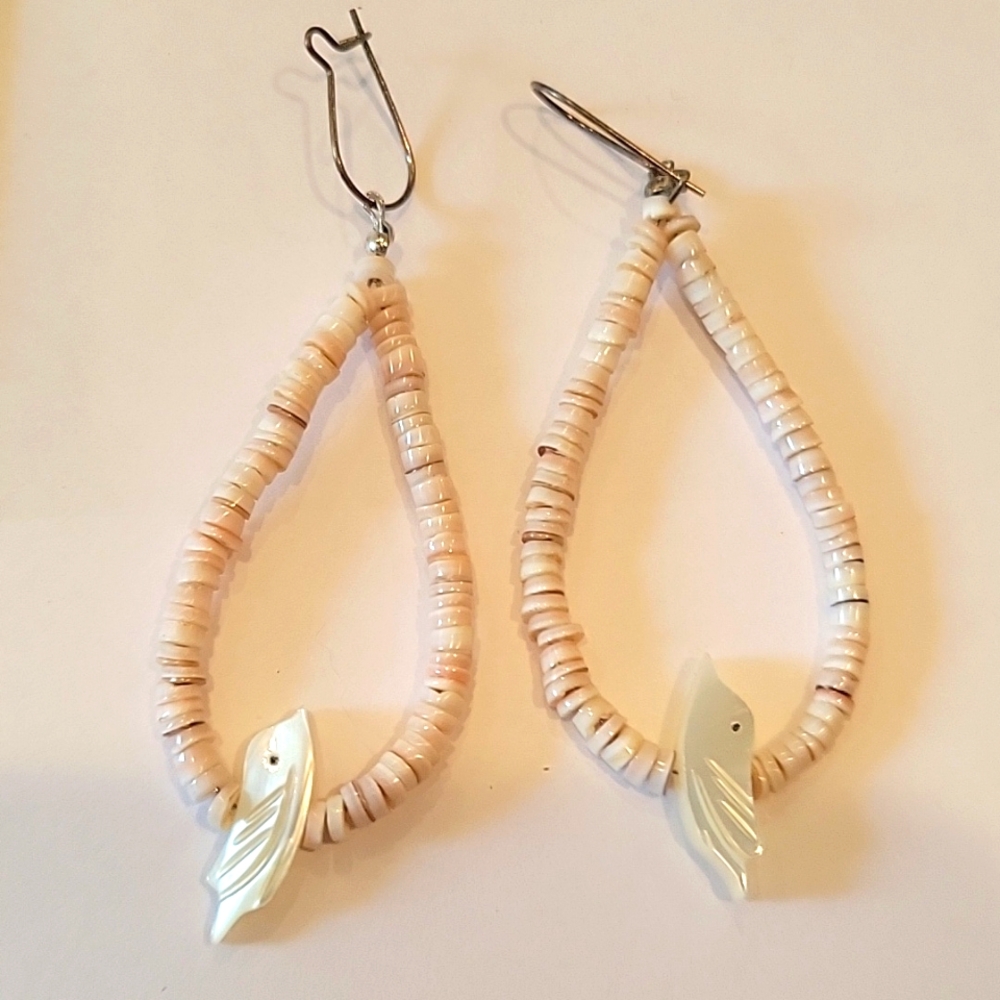Natural shell Heishi beaded earrings with mother of pearl fetish birds 1980s